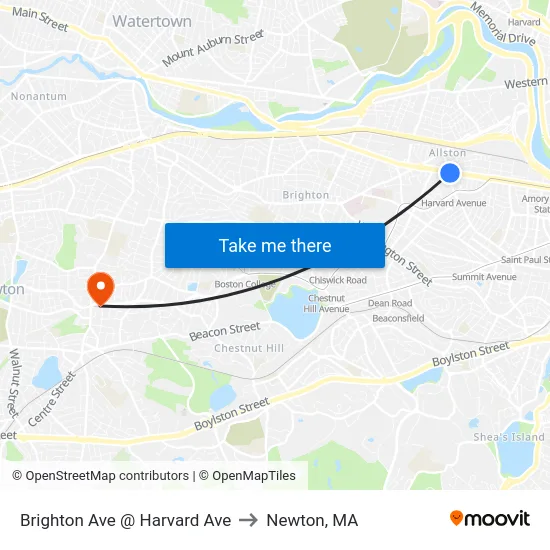 Brighton Ave @ Harvard Ave to Newton, MA map