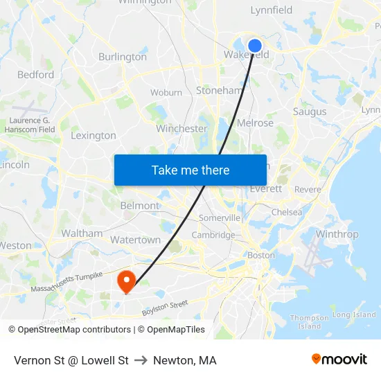 Vernon St @ Lowell St to Newton, MA map