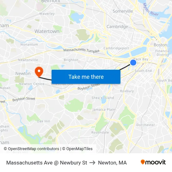 Massachusetts Ave @ Newbury St to Newton, MA map