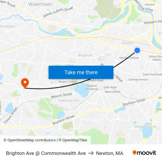 Brighton Ave @ Commonwealth Ave to Newton, MA map