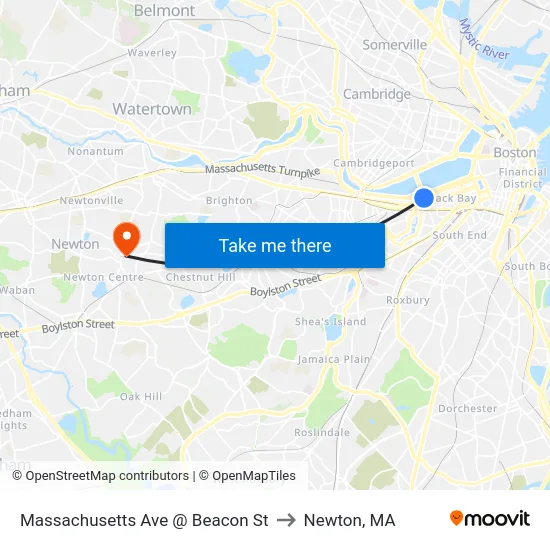 Massachusetts Ave @ Beacon St to Newton, MA map
