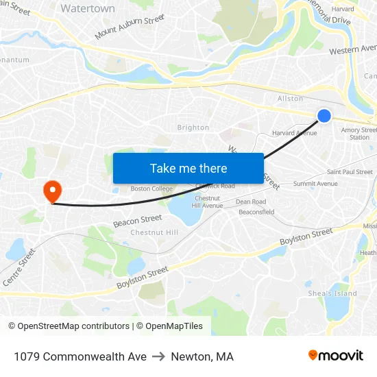 1079 Commonwealth Ave to Newton, MA map