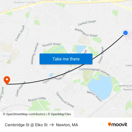 Cambridge St @ Elko St to Newton, MA map