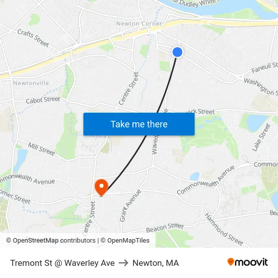 Tremont St @ Waverley Ave to Newton, MA map