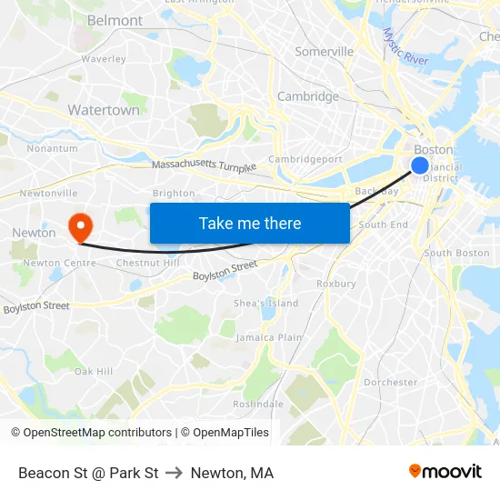 Beacon St @ Park St to Newton, MA map
