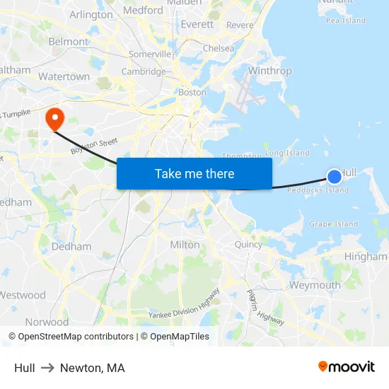 Hull to Newton, MA map