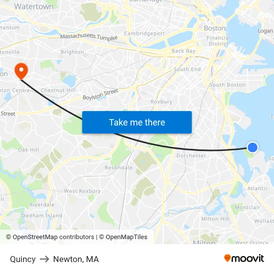 Quincy to Newton, MA map