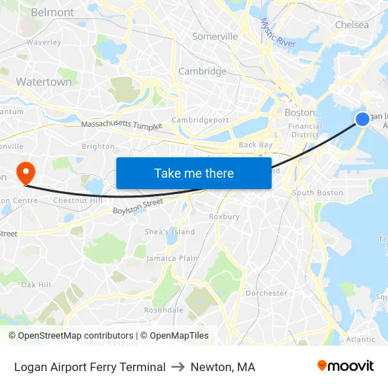 Logan Airport Ferry Terminal to Newton, MA map