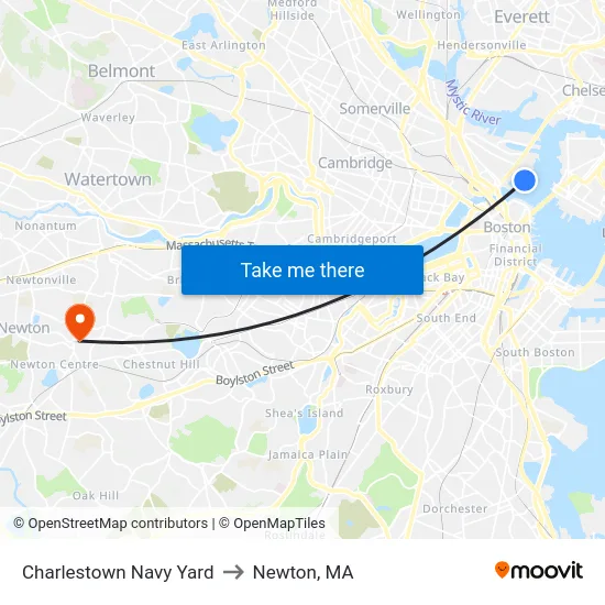 Charlestown Navy Yard to Newton, MA map