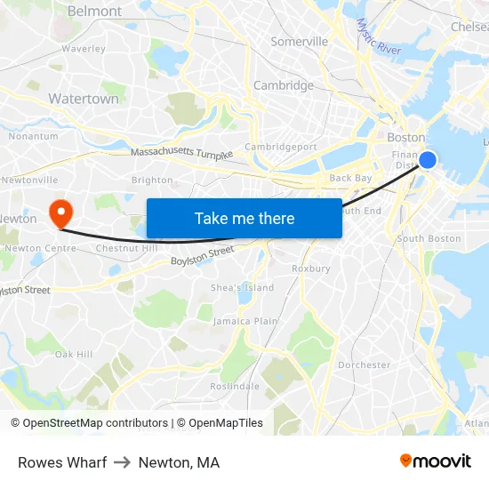 Rowes Wharf to Newton, MA map