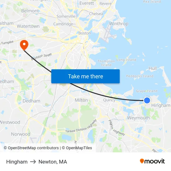 Hingham to Newton, MA map