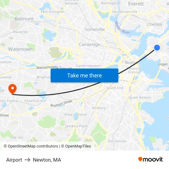 Airport to Newton, MA map