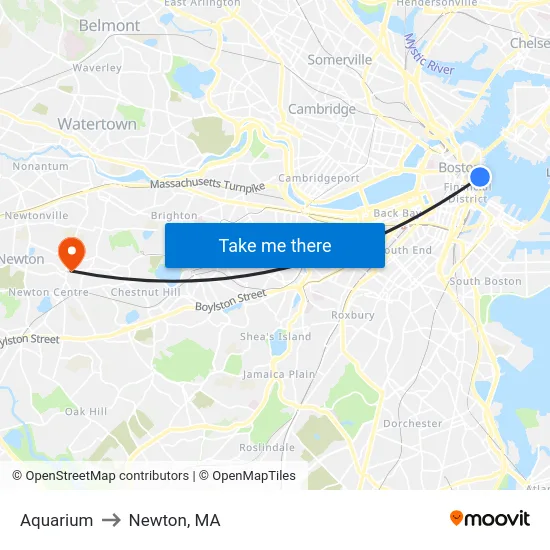 Aquarium to Newton, MA map