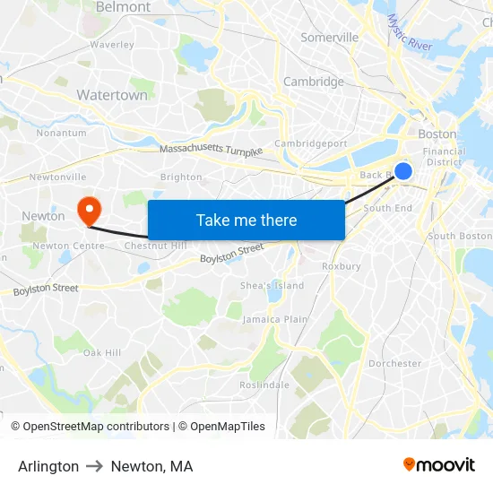 Arlington to Newton, MA map