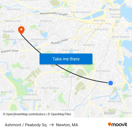 Ashmont / Peabody Sq. to Newton, MA map
