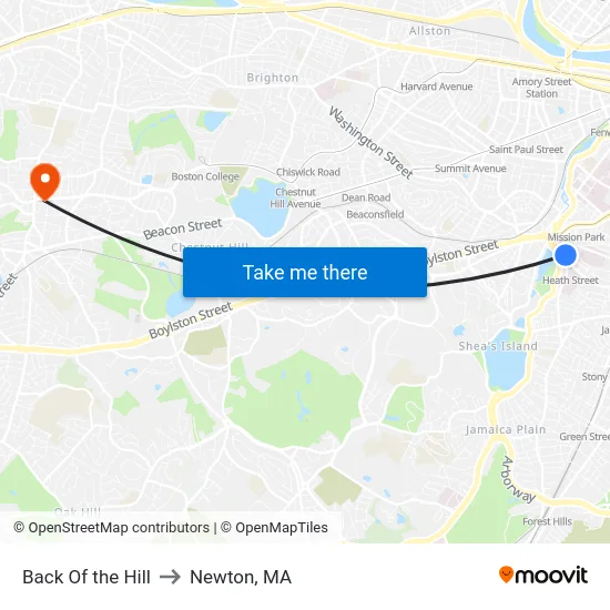 Back Of the Hill to Newton, MA map