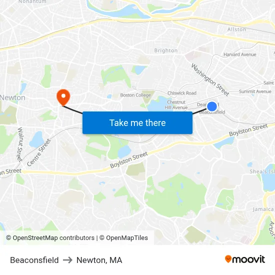 Beaconsfield to Newton, MA map