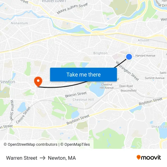 Warren Street to Newton, MA map
