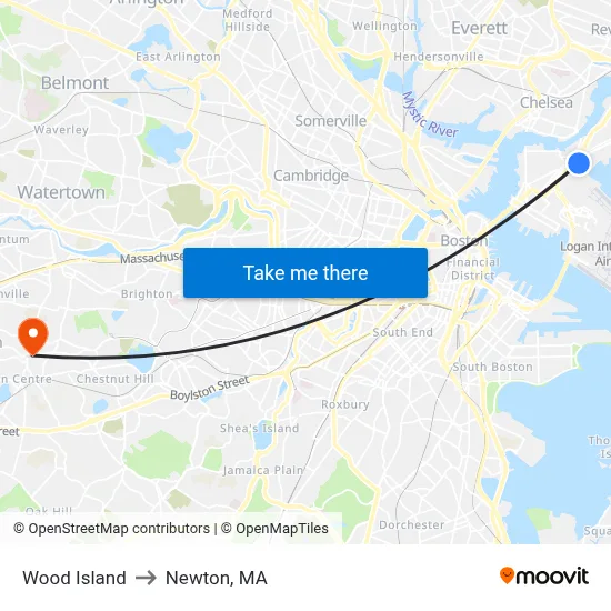 Wood Island to Newton, MA map