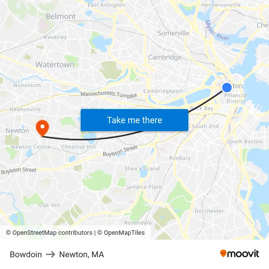 Bowdoin to Newton, MA map