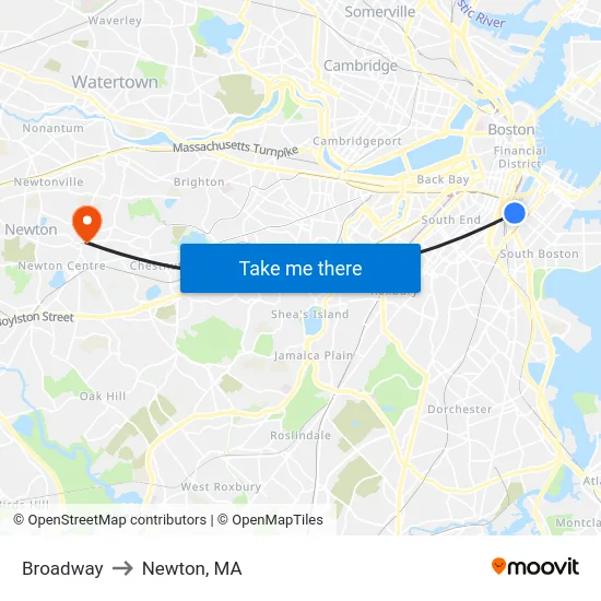 Broadway to Newton, MA map
