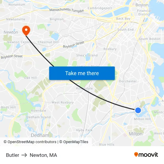 Butler to Newton, MA map
