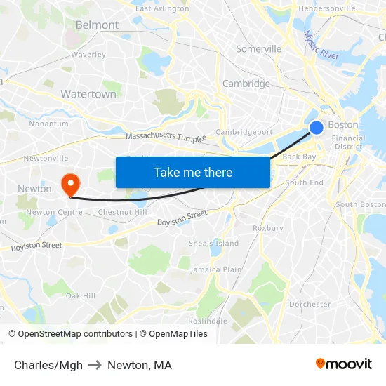 Charles/Mgh to Newton, MA map
