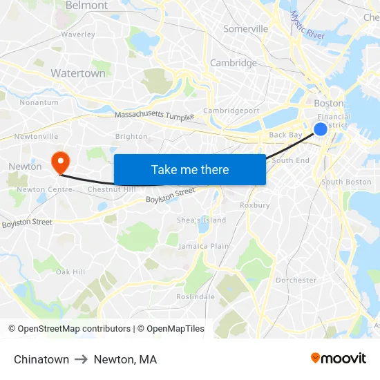 Chinatown to Newton, MA map