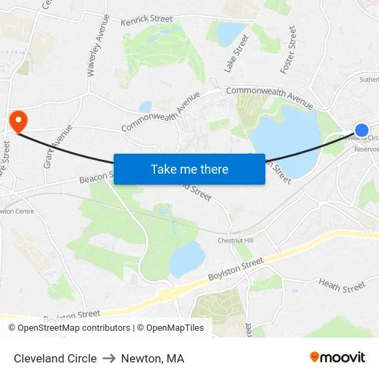 Cleveland Circle to Newton, MA map