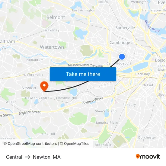 Central to Newton, MA map