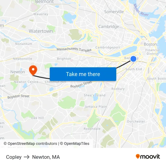 Copley to Newton, MA map