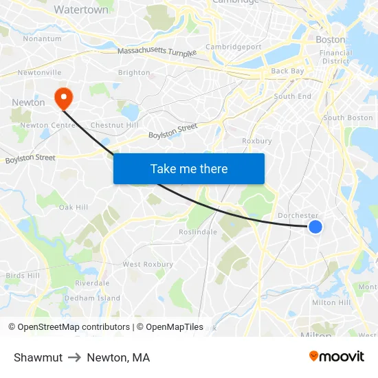Shawmut to Newton, MA map