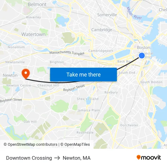 Downtown Crossing to Newton, MA map