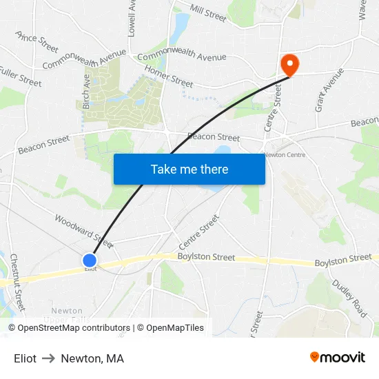 Eliot to Newton, MA map