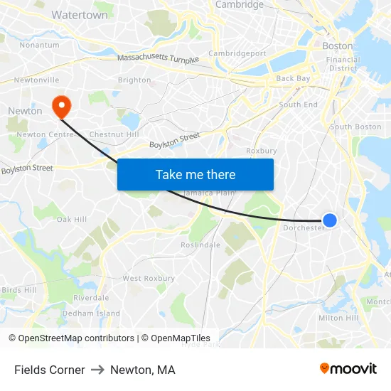 Fields Corner to Newton, MA map
