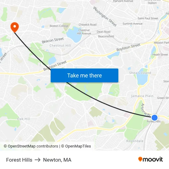 Forest Hills to Newton, MA map