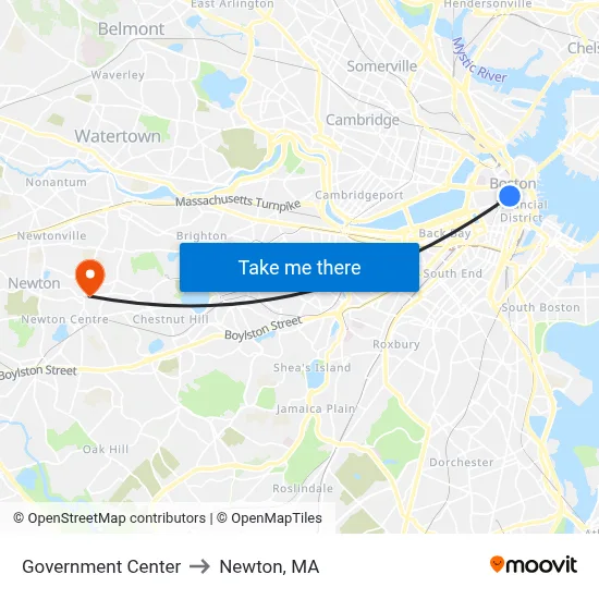 Government Center to Newton, MA map