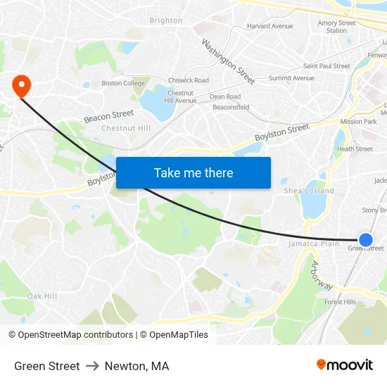 Green Street to Newton, MA map