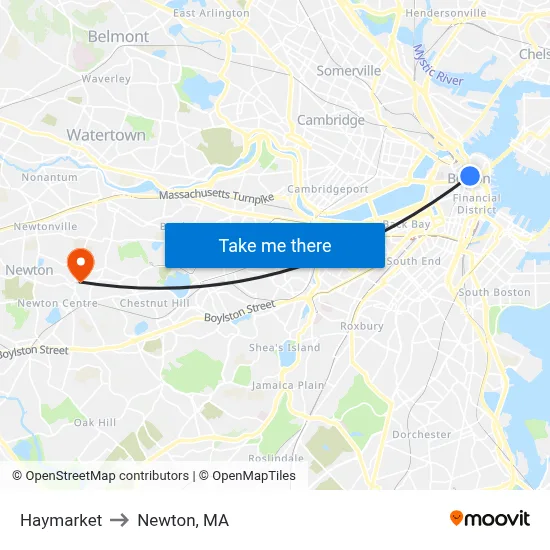 Haymarket to Newton, MA map