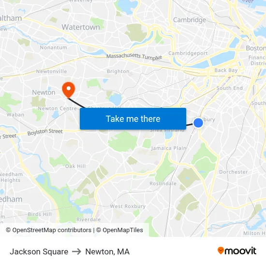 Jackson Square to Newton, MA map