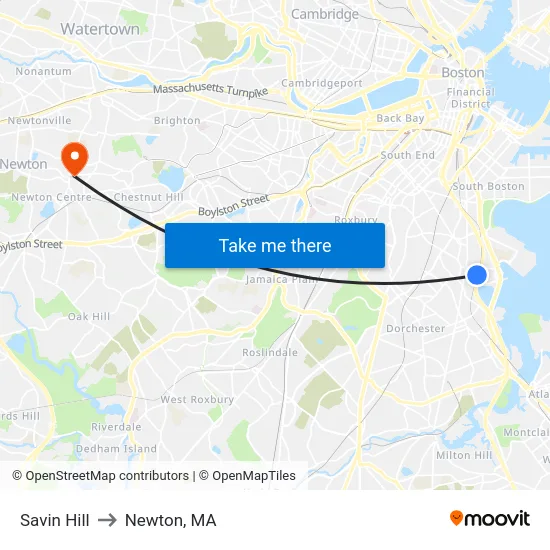Savin Hill to Newton, MA map