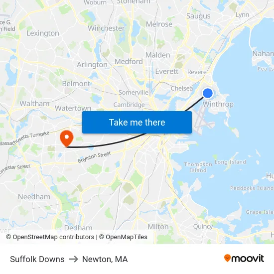 Suffolk Downs to Newton, MA map