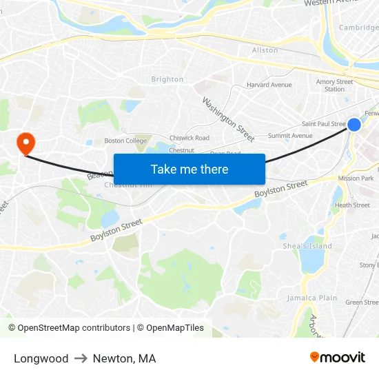 Longwood to Newton, MA map