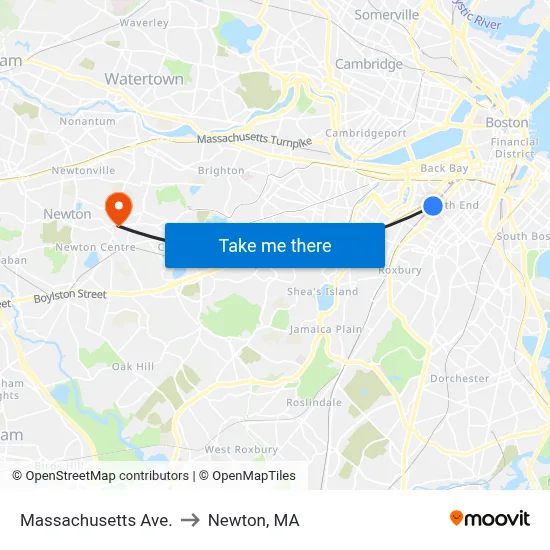 Massachusetts Ave. to Newton, MA map