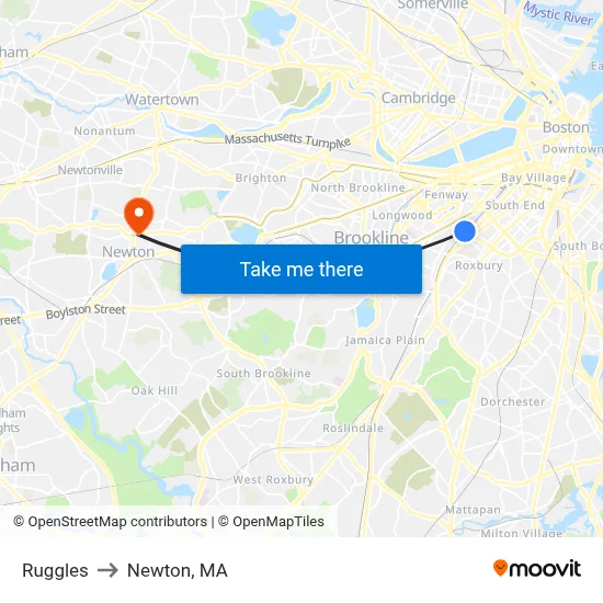 Ruggles to Newton, MA map