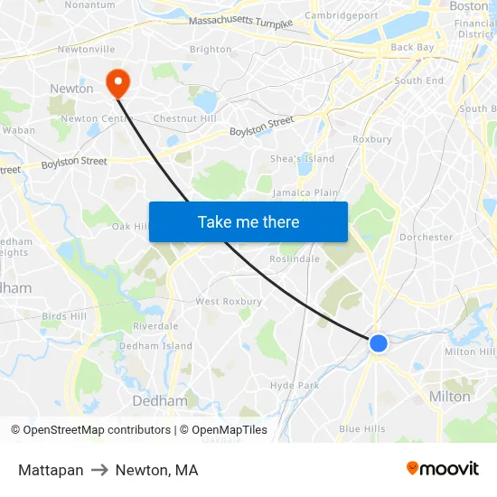 Mattapan to Newton, MA map