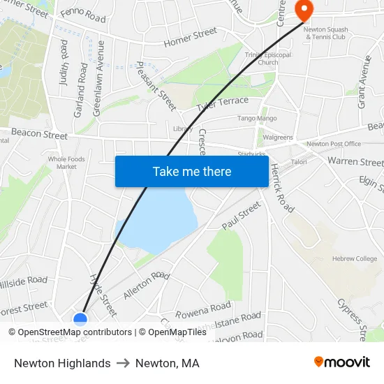 Newton Highlands to Newton, MA map
