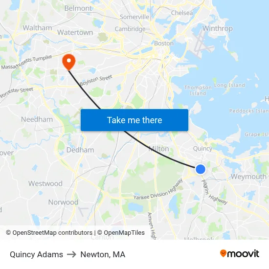 Quincy Adams to Newton, MA map