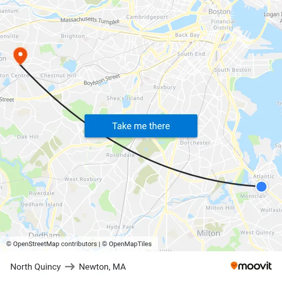 North Quincy to Newton, MA map