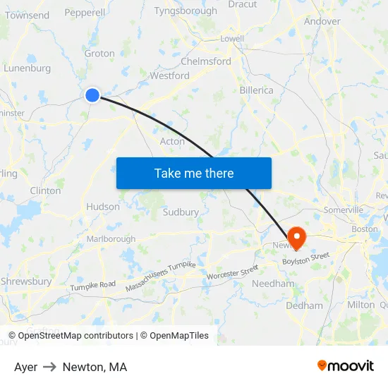 Ayer to Newton, MA map